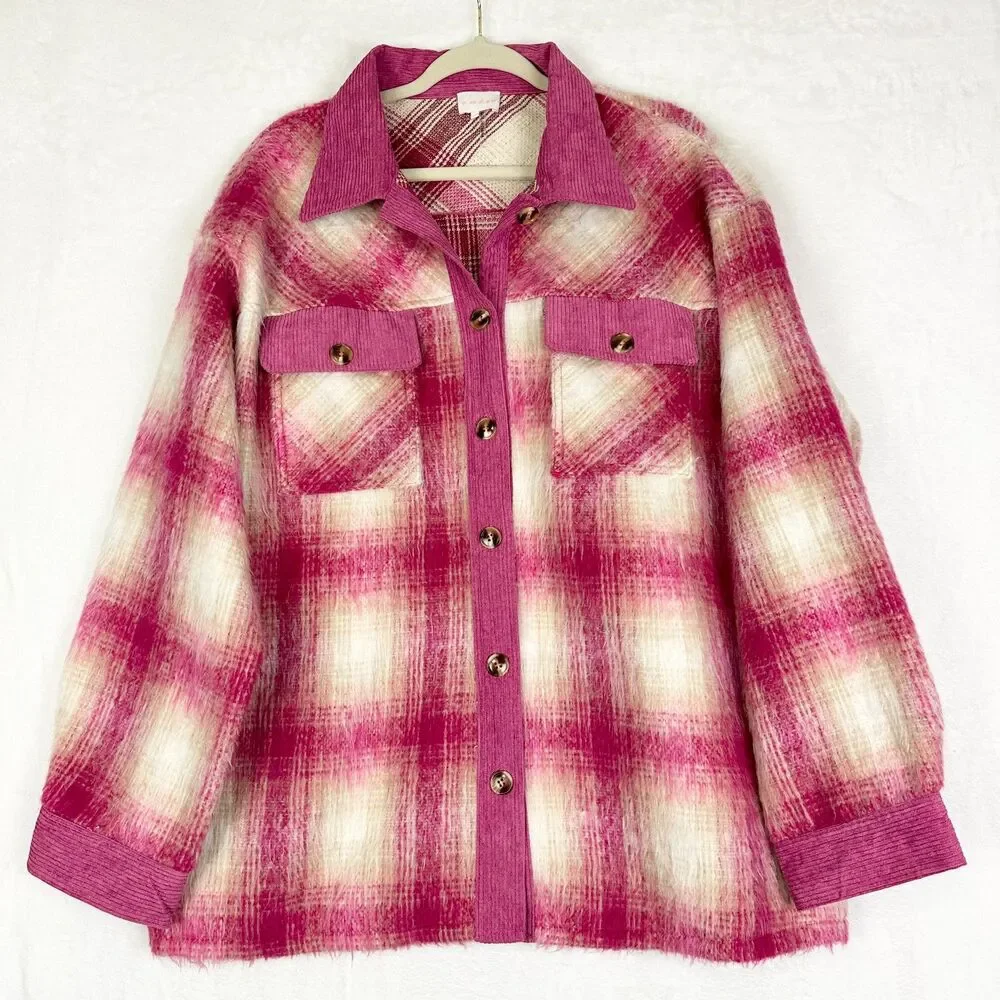 Entro Plaid Shacket Size XL Pink Corduroy Trim Button Front